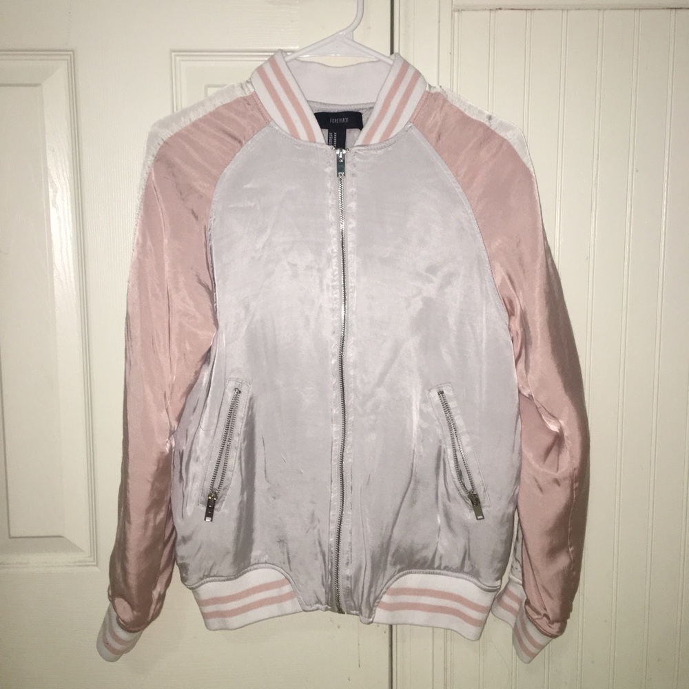 pink and white bomber jacket